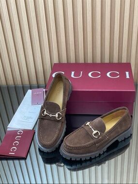 Gucci Dupe Brown Suede Horsebit Lug Sole Slip-On Loafers